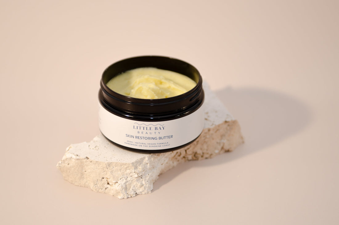 Little Bay Beauty Skin Restoring Butter applied for overnight body slugging ritual